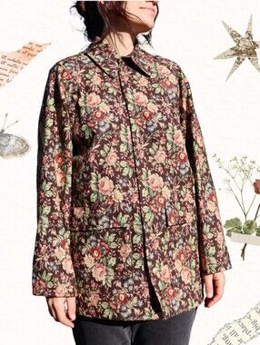 Upcycled Tapestry Chore Coat Brown Rose Floral Print Barn Jacket L • XL